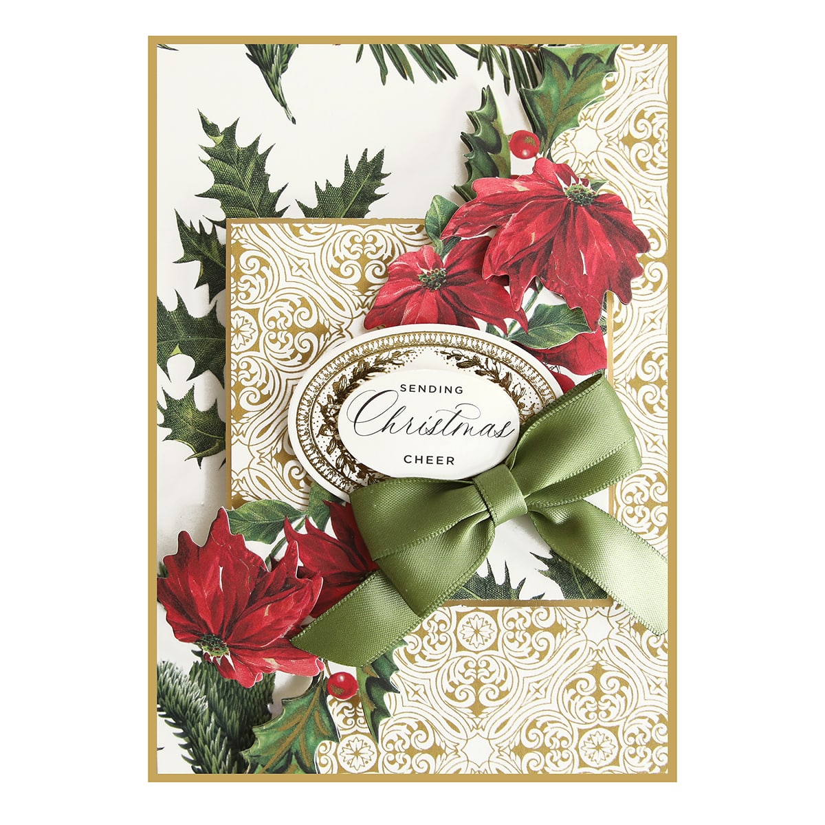 a christmas card with poinsettis and a bow.