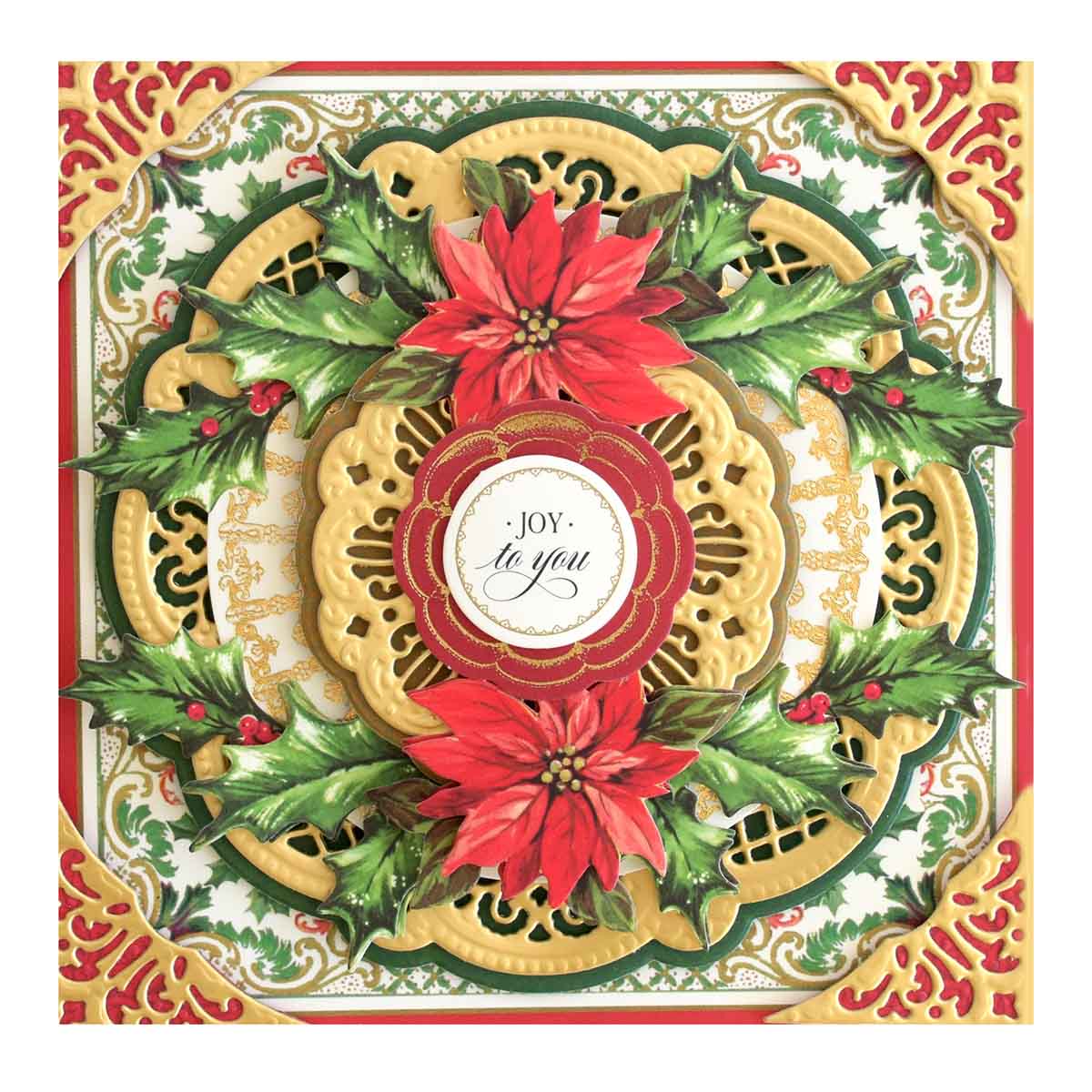 a christmas card with poinsettis and holly.