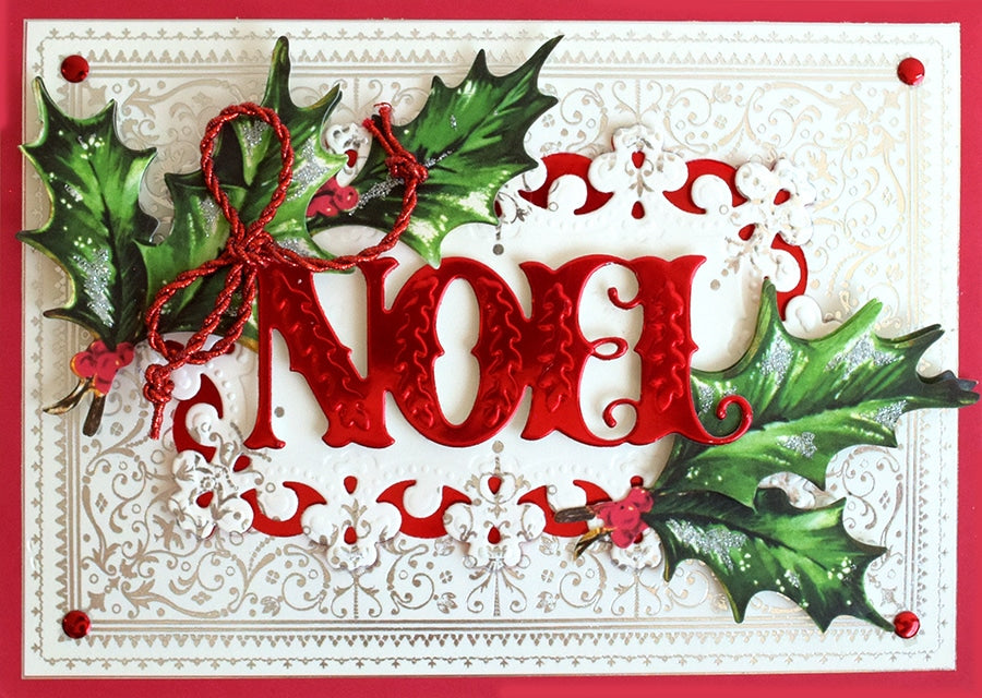 a christmas card with holly and a bow.