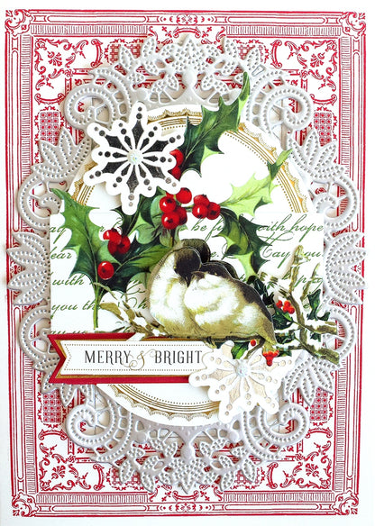 a christmas card with a bird and holly.