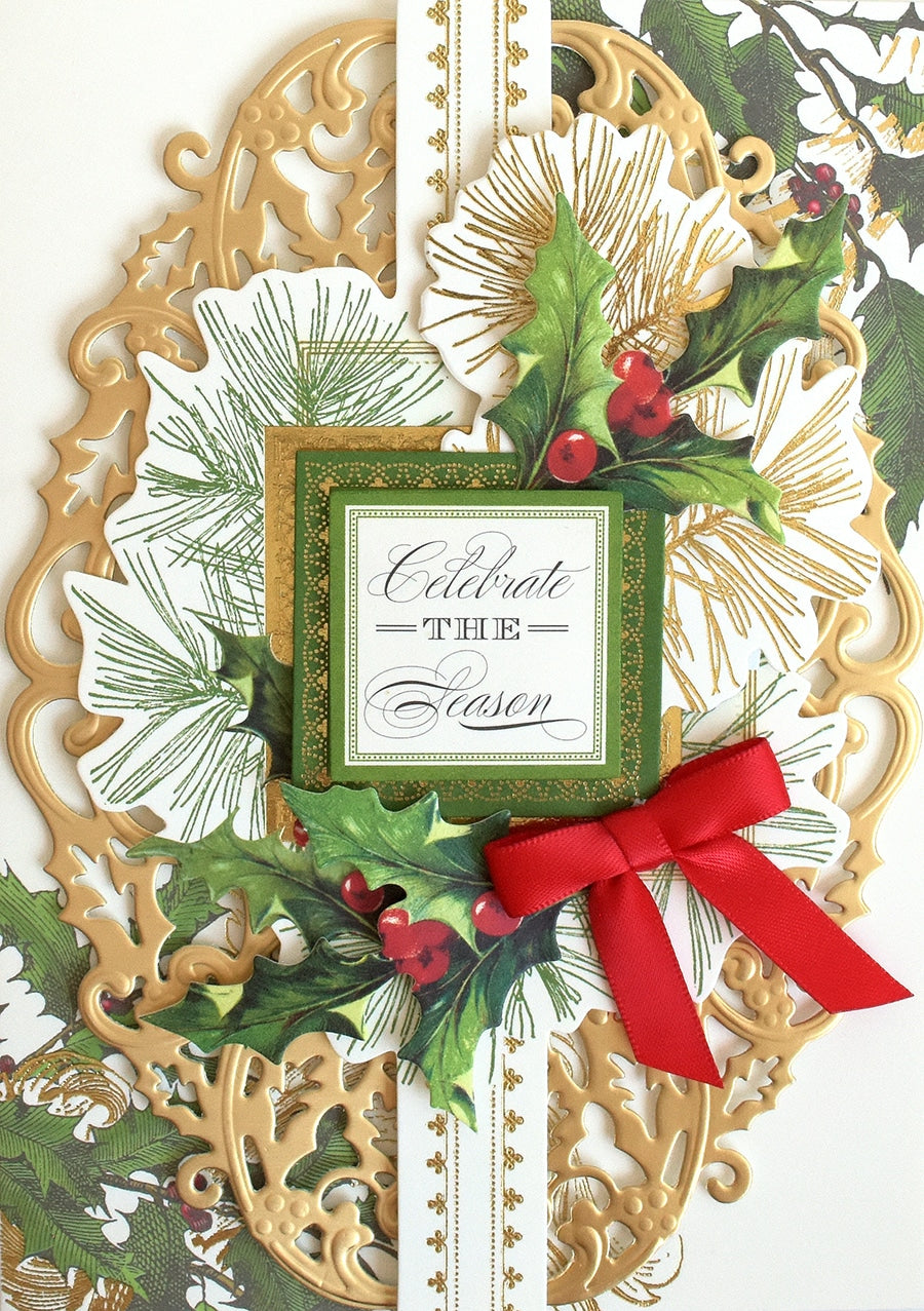 a christmas card with holly and holly leaves.