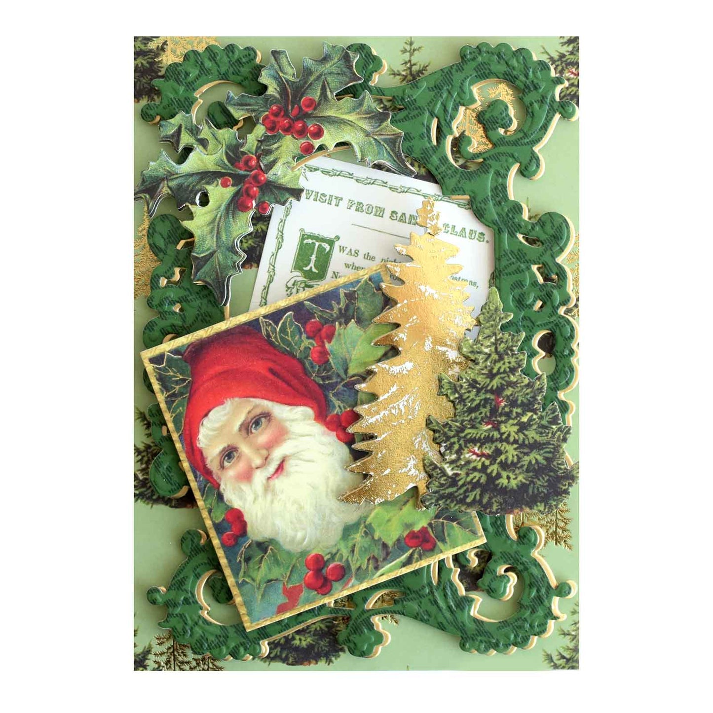 a close up of a christmas card with a santa clause.