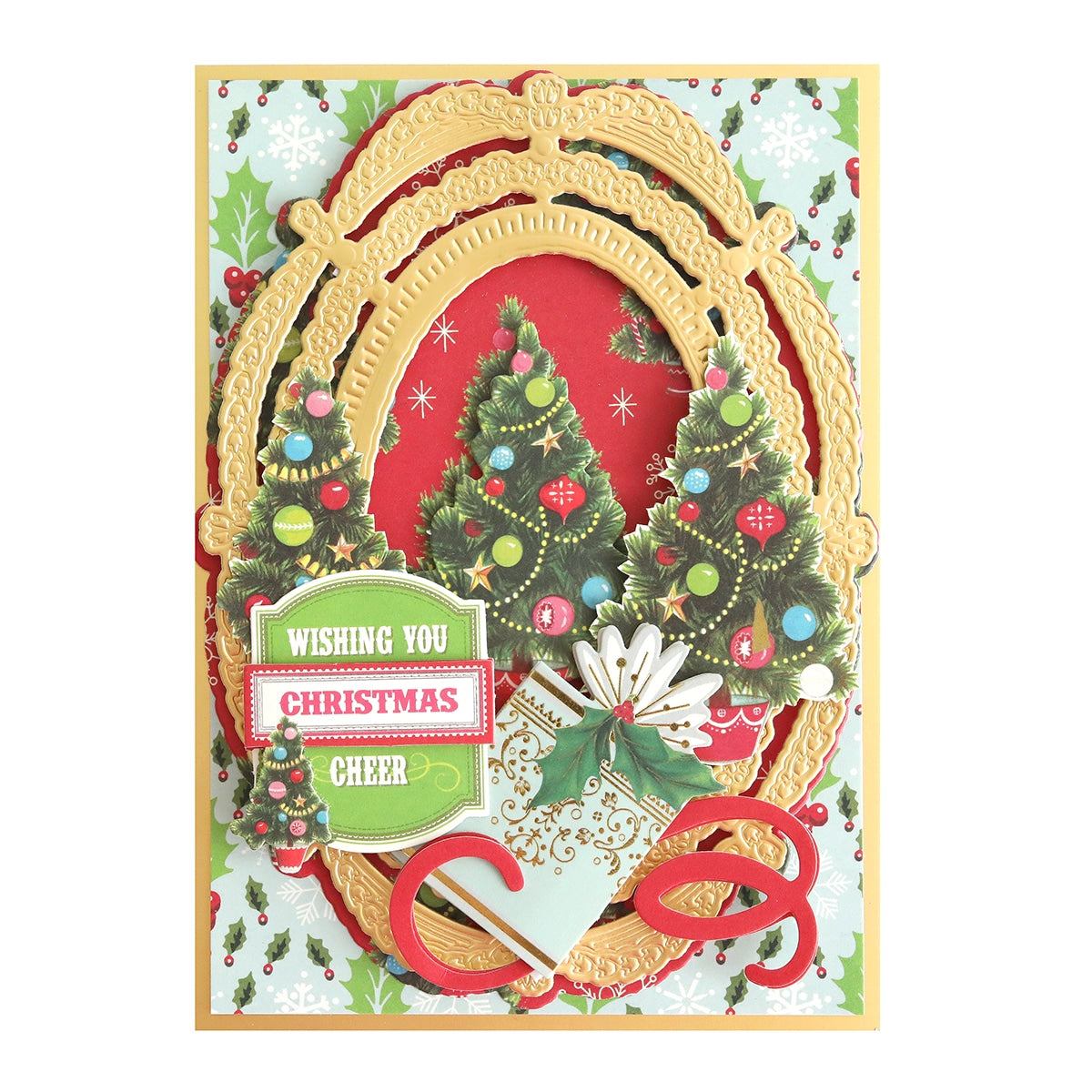 A Christmas Kitsch Papercrafting Collection card with ornaments and trees.