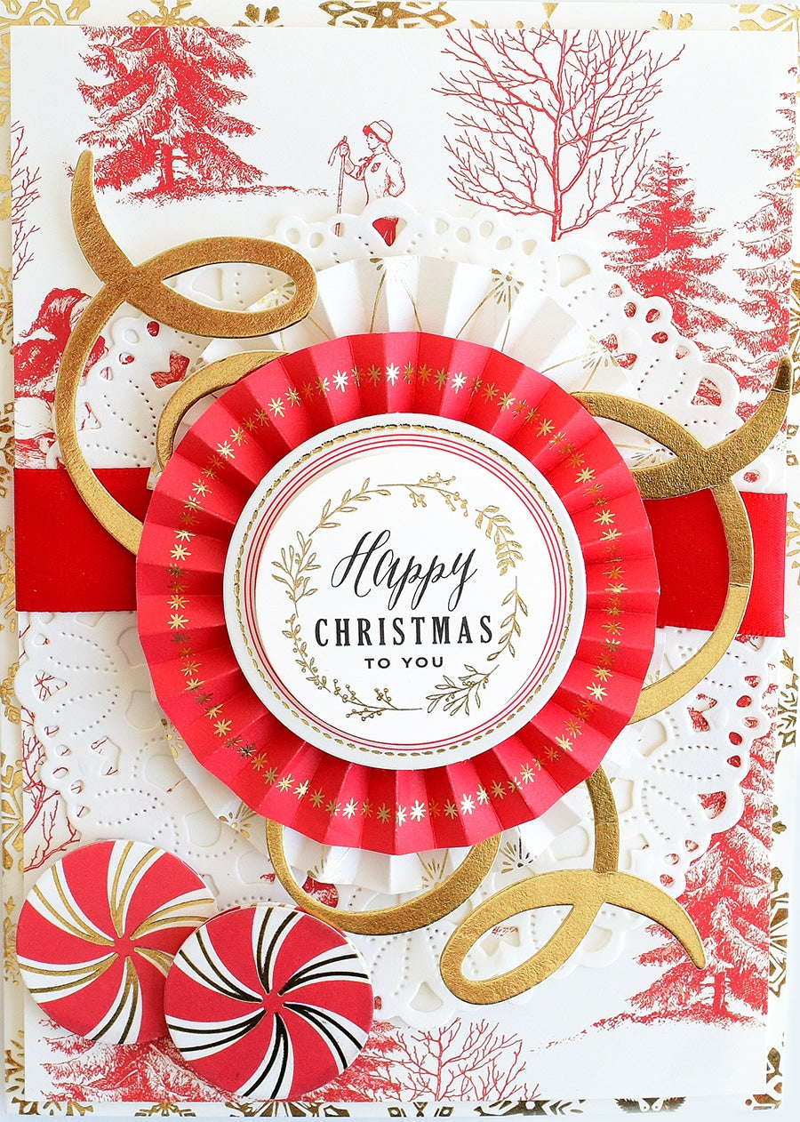 a close up of a christmas card with a red ribbon.