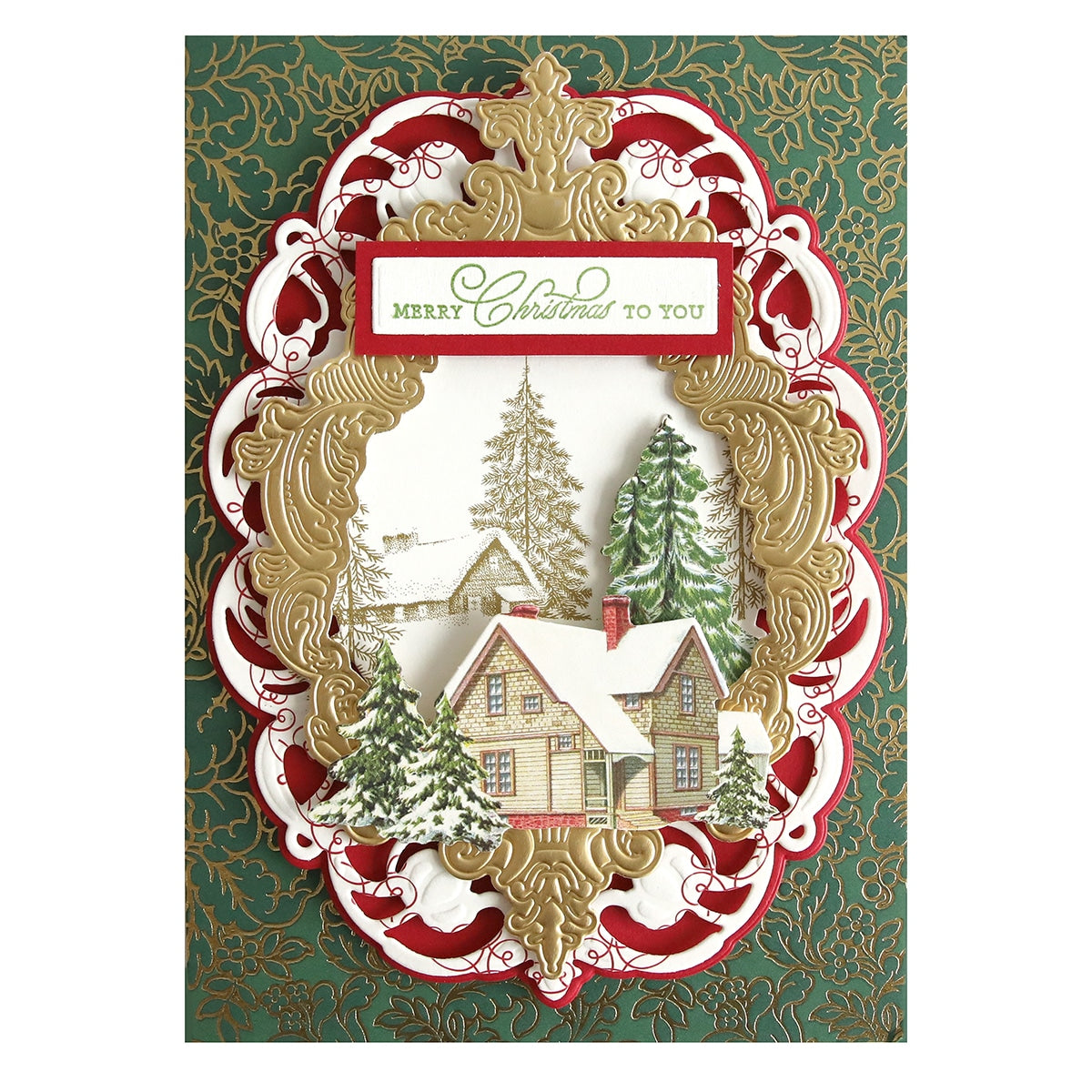 a christmas card with a picture of a house.