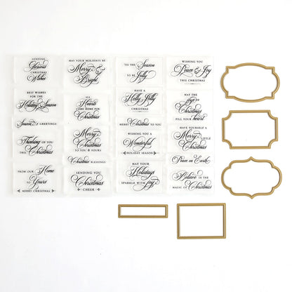 a set of wedding place cards with gold frames.