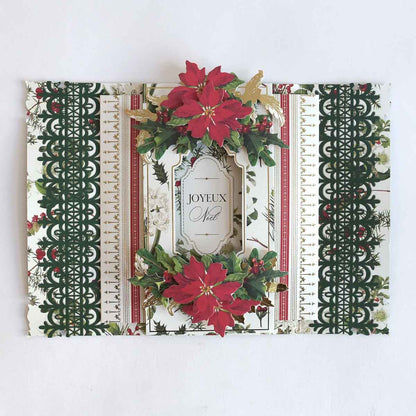 a christmas card with poinsettis and ribbons.