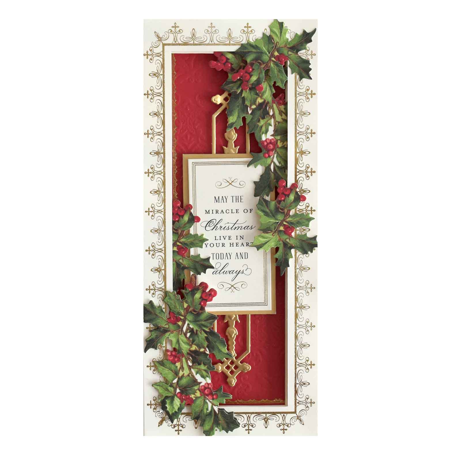 a christmas card with holly and holly leaves.