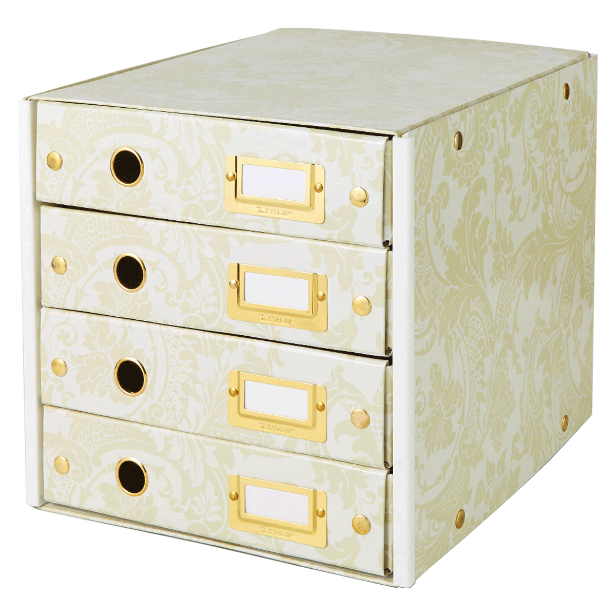 a white and gold file cabinet with three drawers.