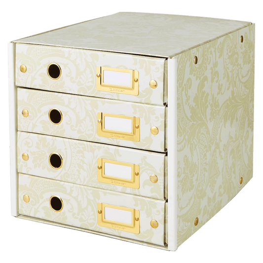 a white and gold file cabinet with three drawers.