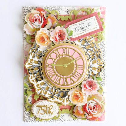 a close up of a clock on a card.