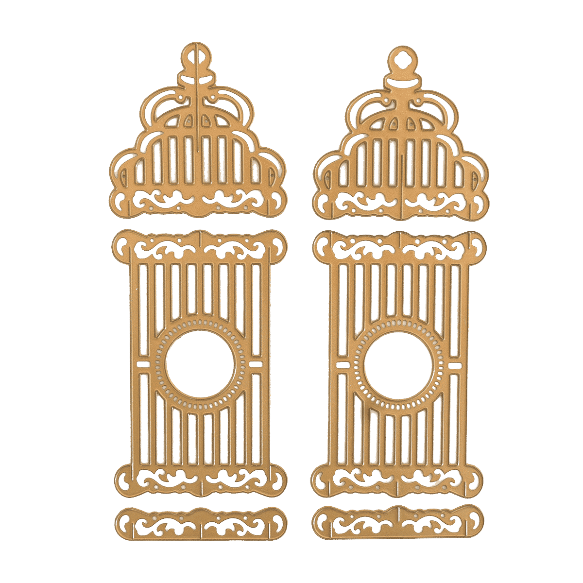 a pair of gold birdcages on a green background.