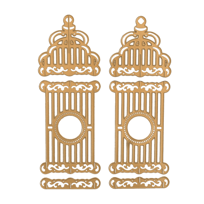 a pair of gold birdcages on a green background.