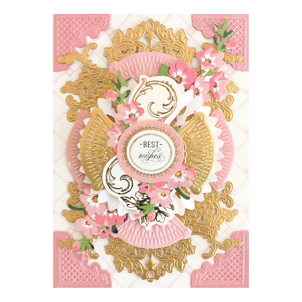 a pink and gold card with flowers on it.
