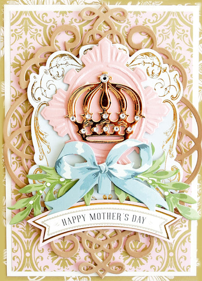 a mothers day card with a crown and ribbon.