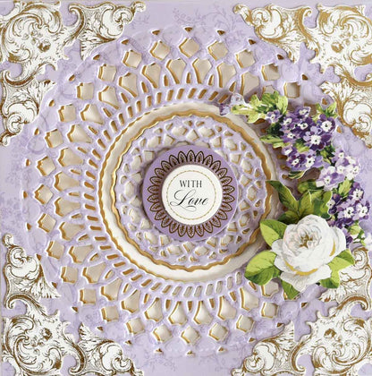 a close up of a doily with flowers on it.