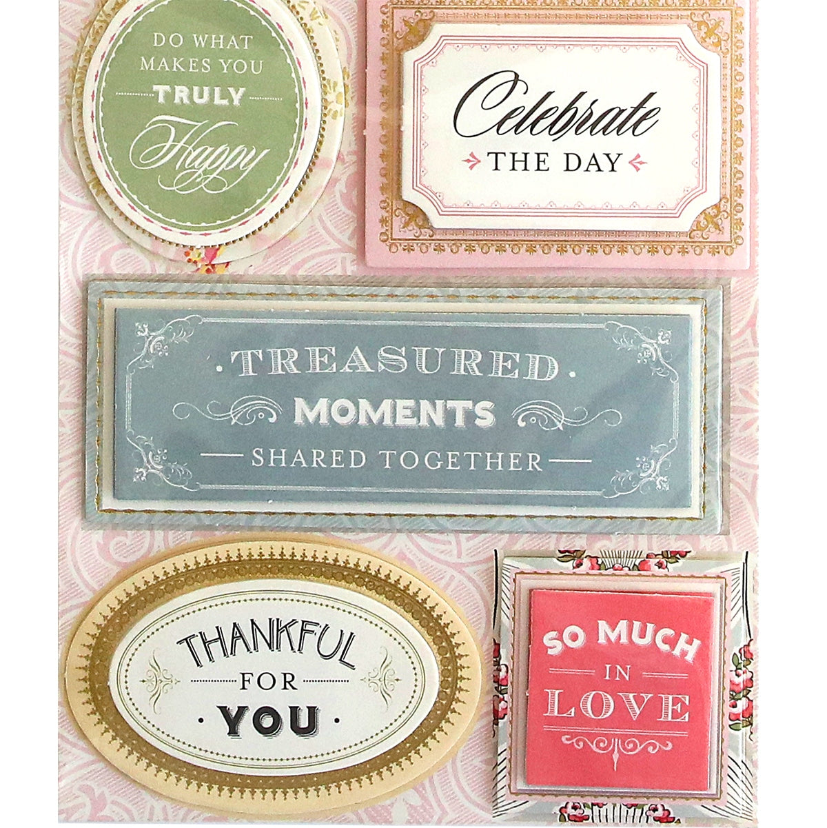 A collection of Eleanor 3D Title Stickers with sentiments on them.