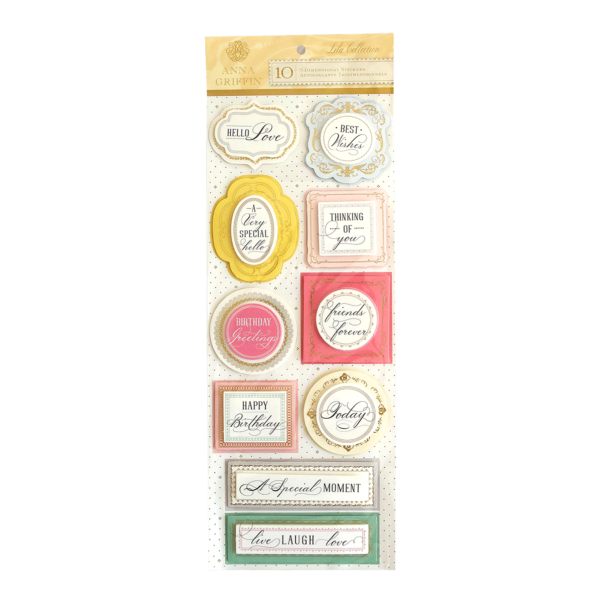 A pack of Lila 3D Sentiment Stickers with a variety of sentiments.