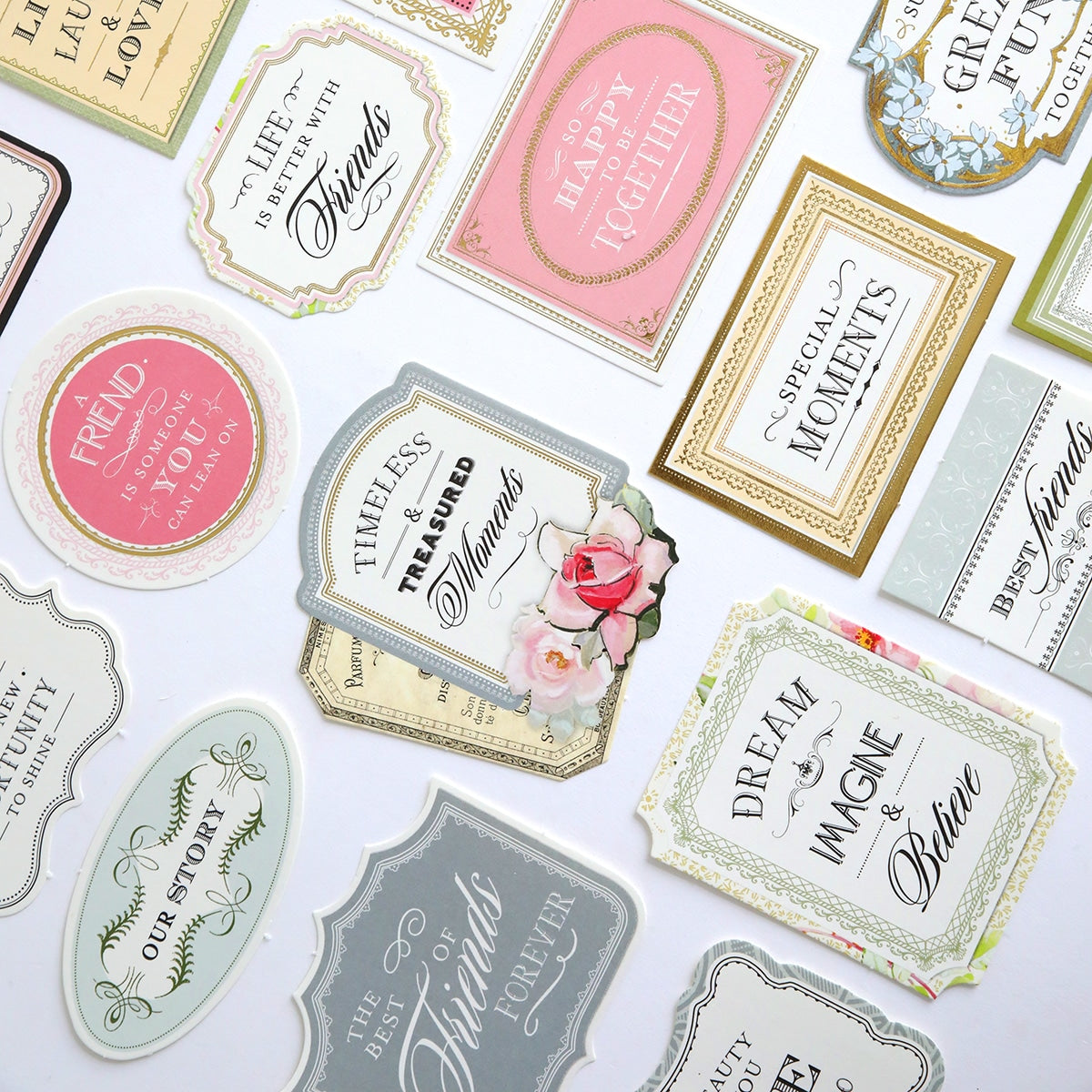 A variety of Eleanor Diecut Titles on a white surface.