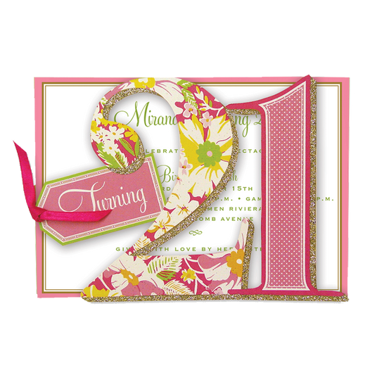 a greeting card with a floral design and a pink ribbon.