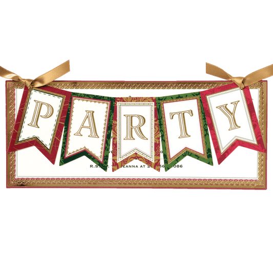 a party banner with gold ribbon and a bow.