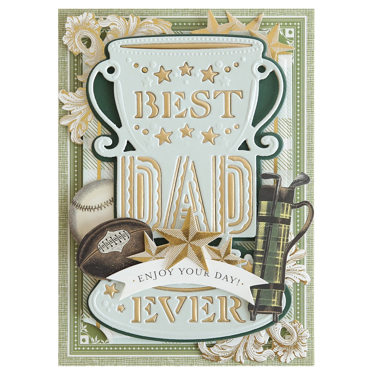 A father's day card with a Dad Graphic Dies and a trophy.