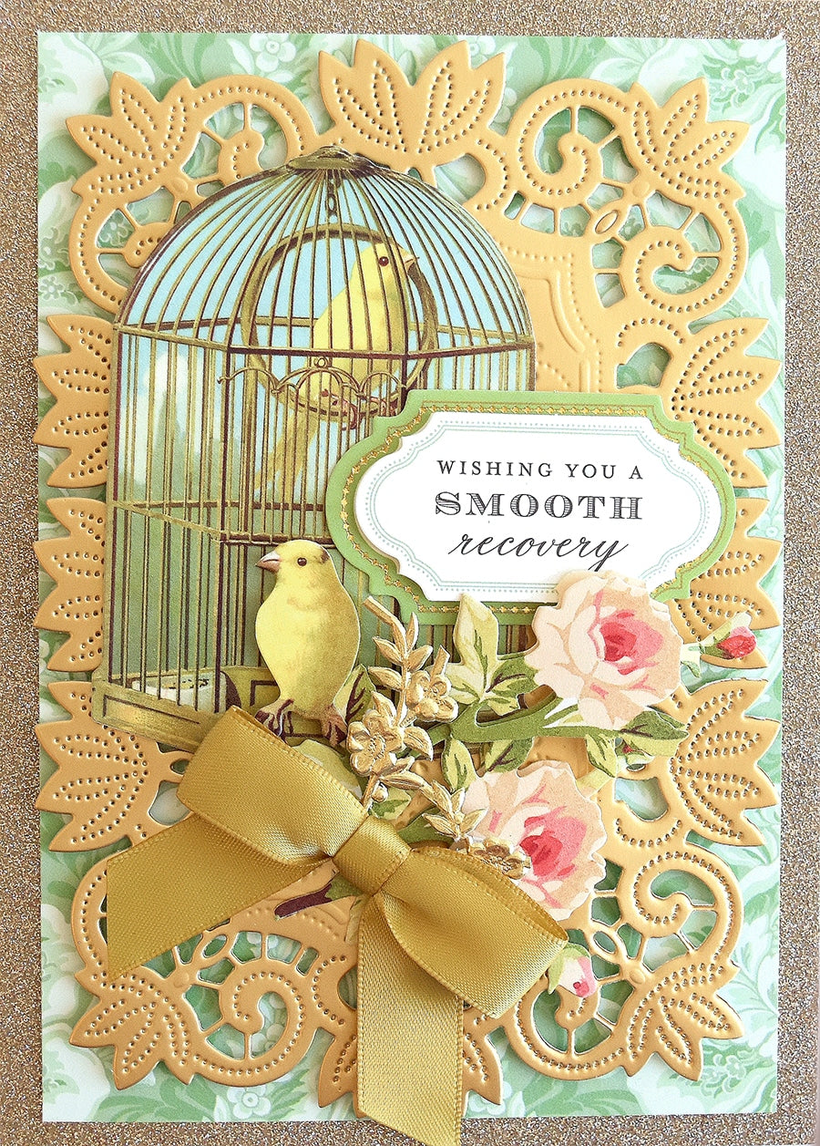 a card with a bird inside of a cage.