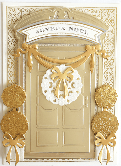 a gold door with a white doily and a bow.