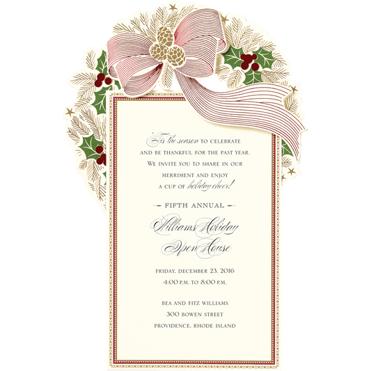 a wedding card with a ribbon and flowers.