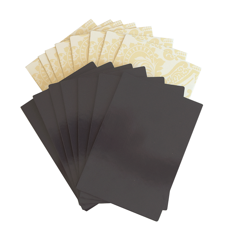 a pile of black and white cards.
