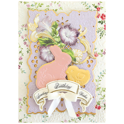 a card with a bunny and flowers on it.
