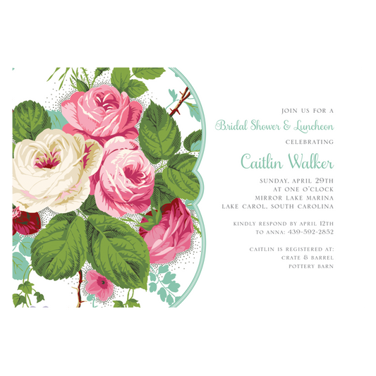 a wedding card with pink and white roses.