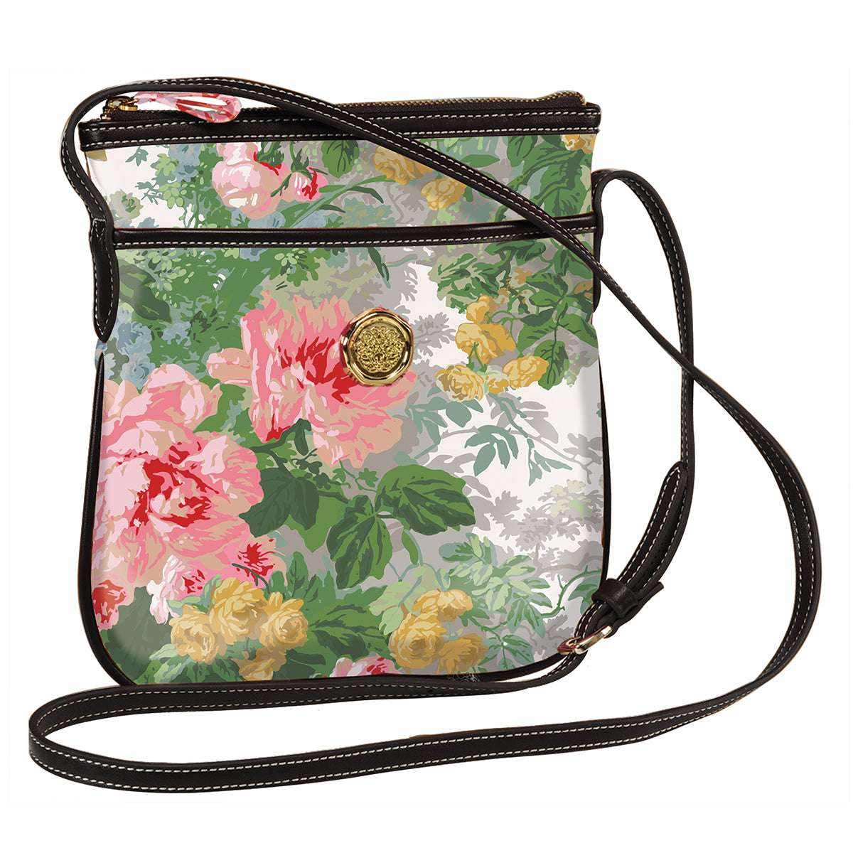 a floral print purse with a black strap.