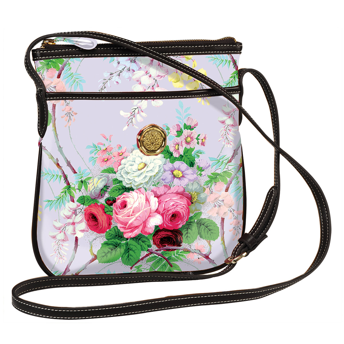 a purse with flowers painted on it.