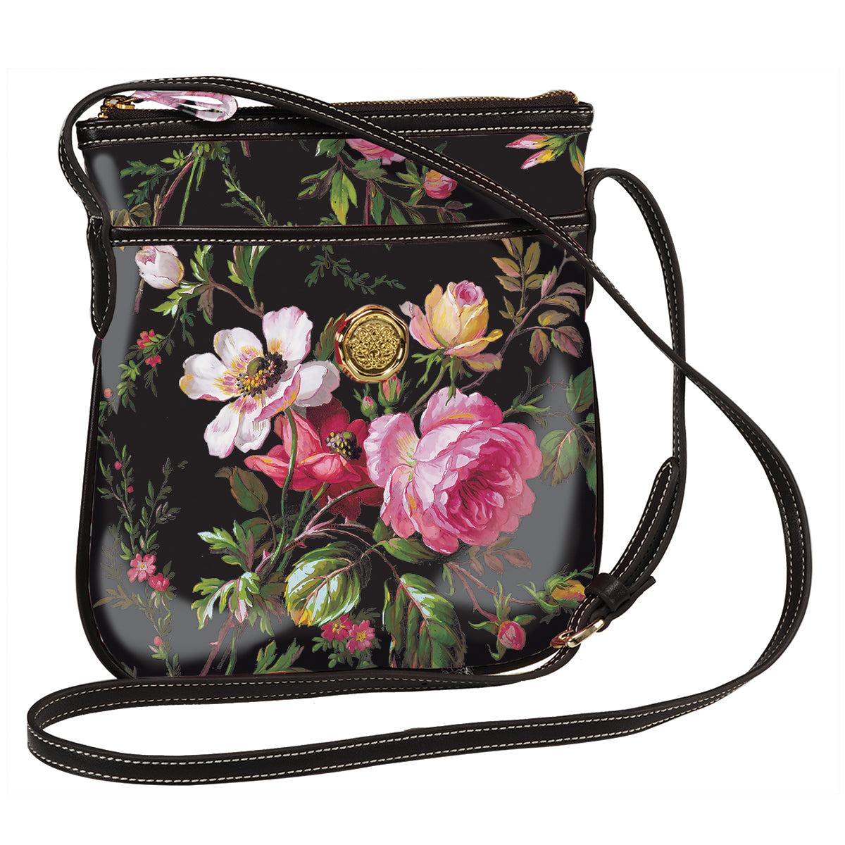 a black floral purse with a black strap.
