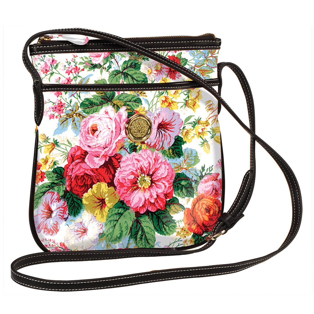 a flowered purse with a black strap.