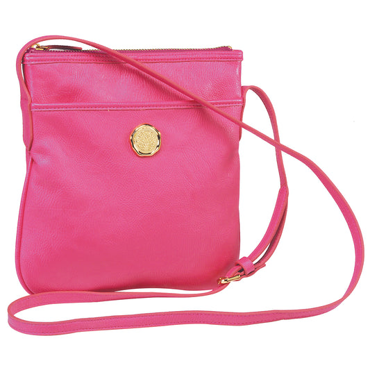 a pink cross body bag with a gold buckle.