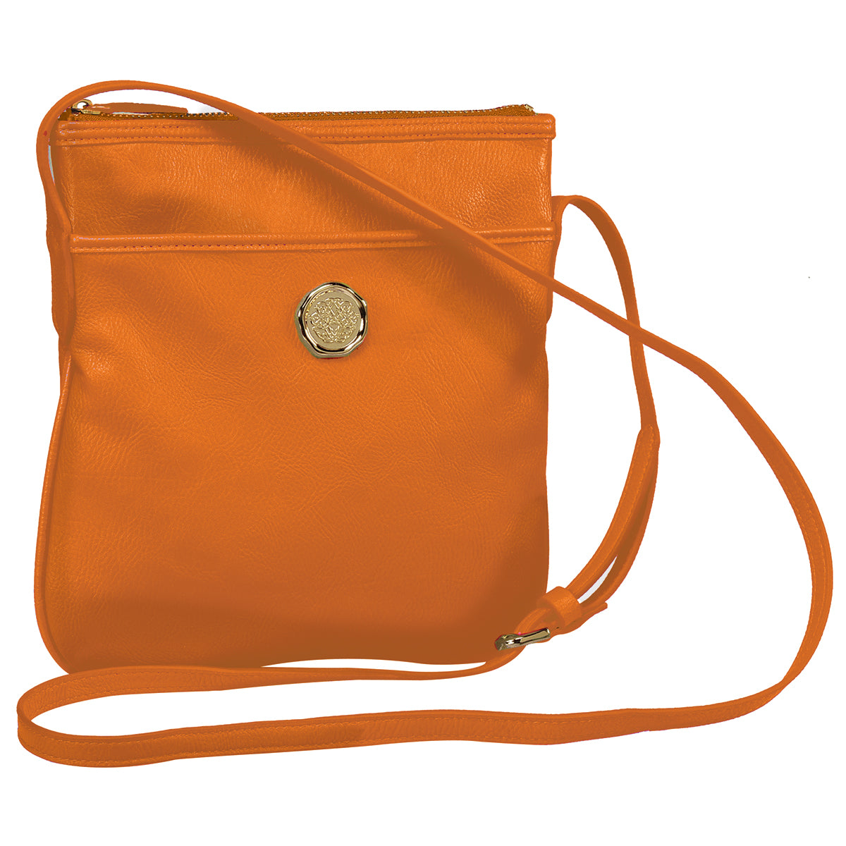 an orange purse with a gold button on the front.