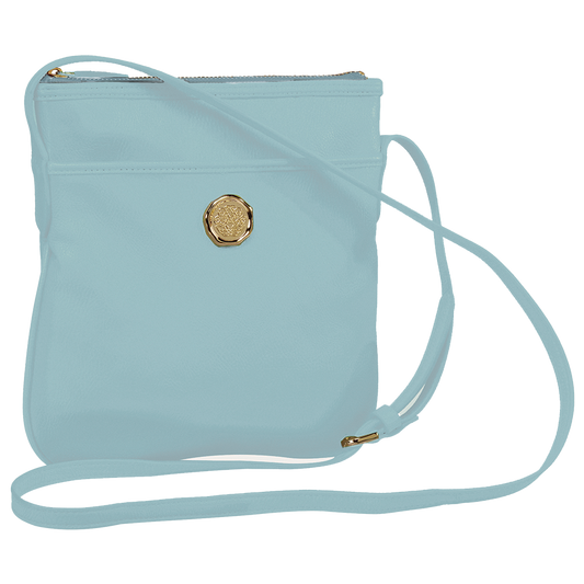 a light blue purse with a gold button.