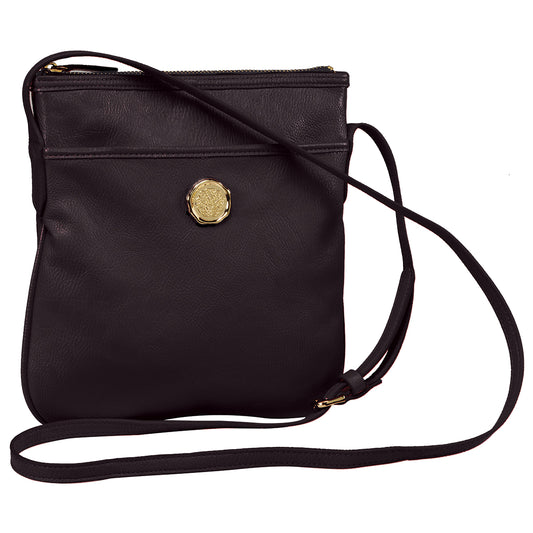 a black purse with a gold button on it.