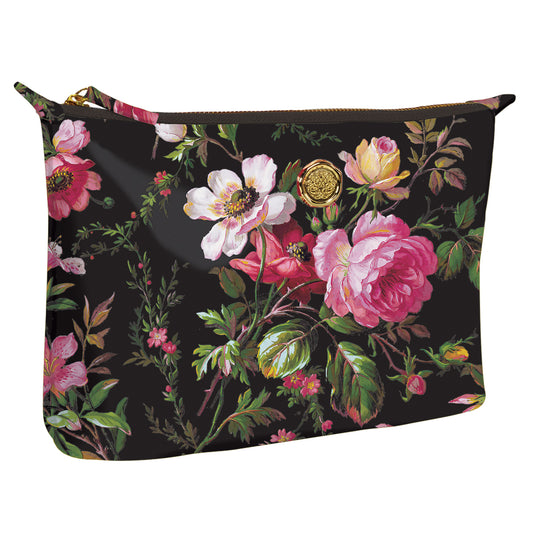 a black floral print purse with a zipper.