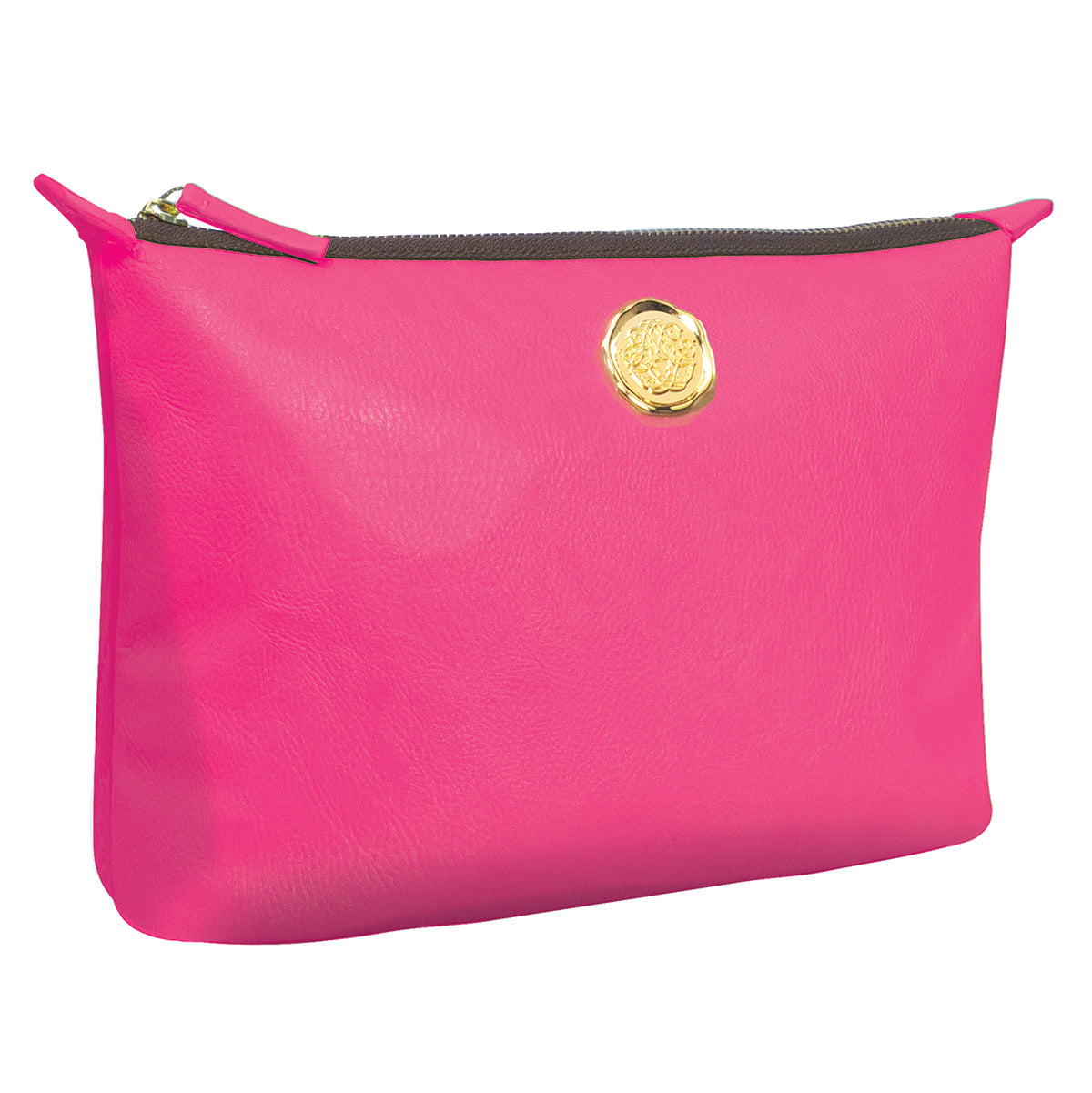 a pink purse with a gold emblem on it.