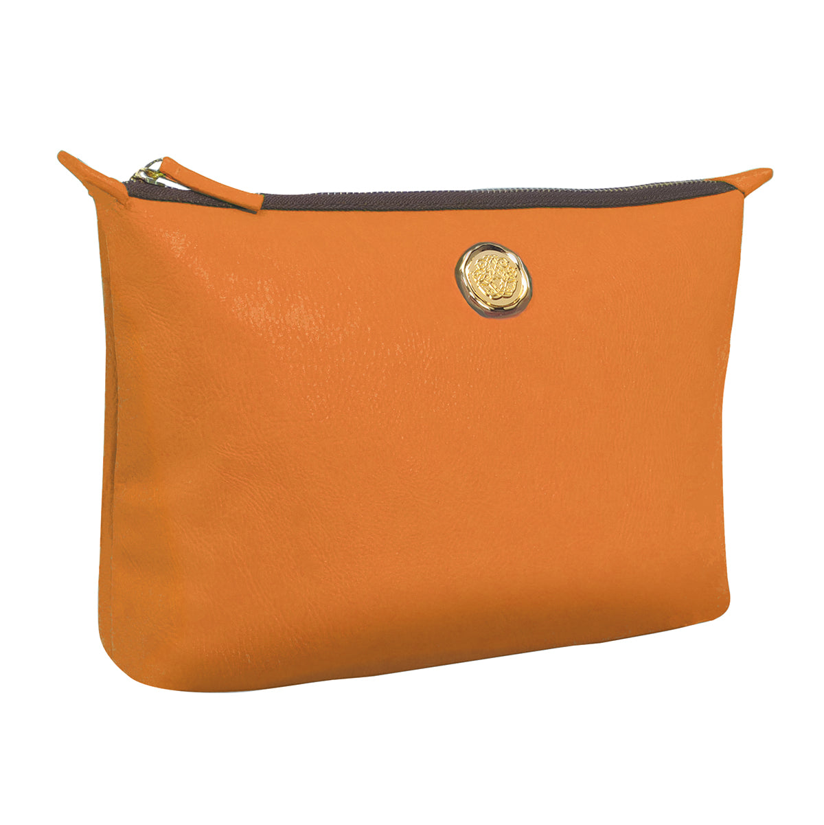 a small orange purse with a gold button.