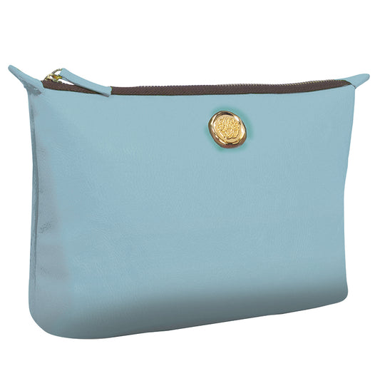 a blue purse with a gold coin on it.