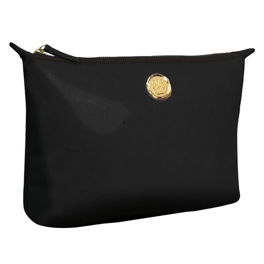 a black bag with a gold coin on it.