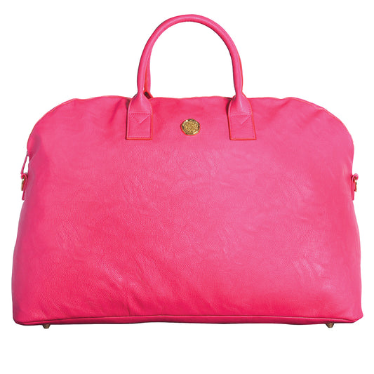a pink handbag with a gold emblem on it.