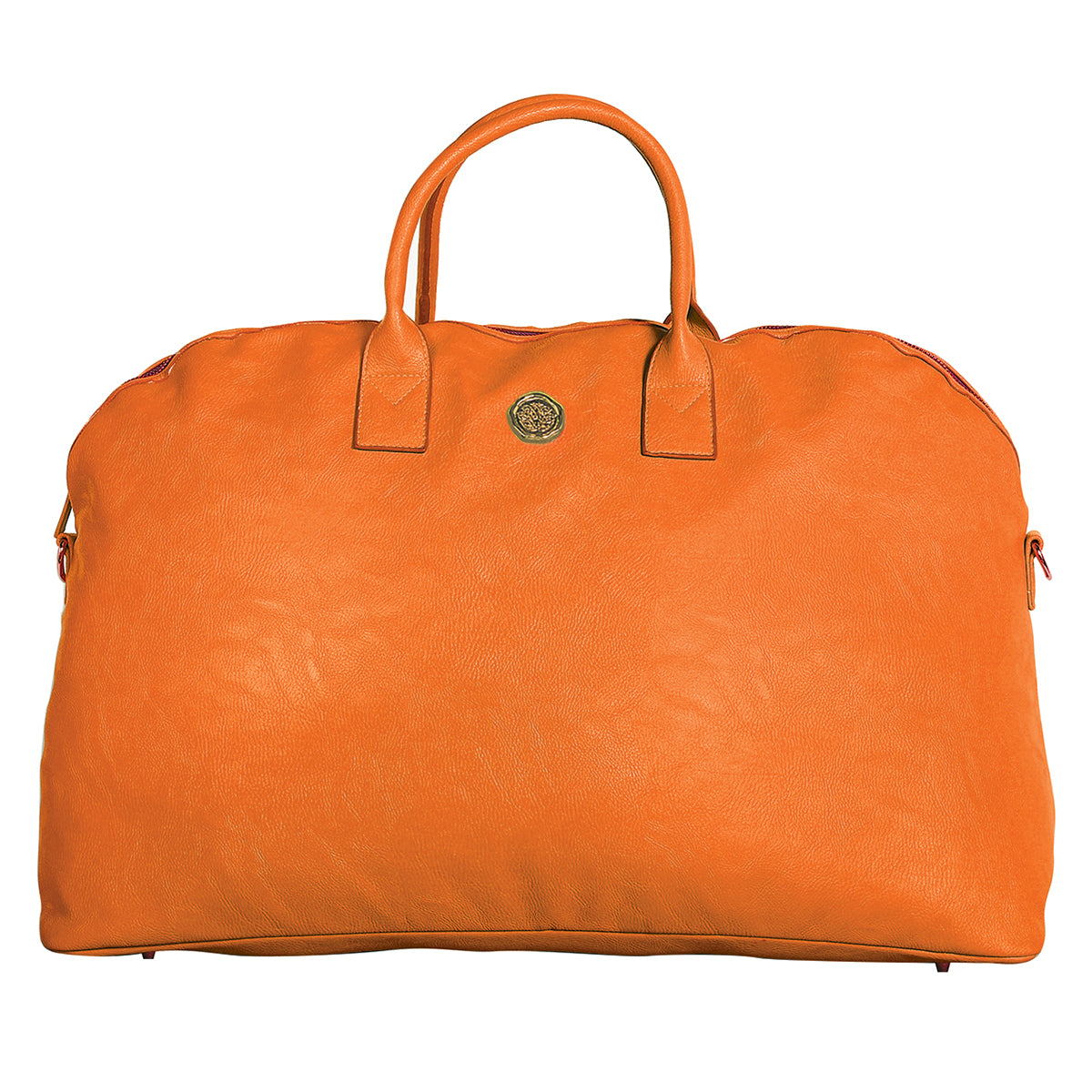 a large orange leather bag on a white background.
