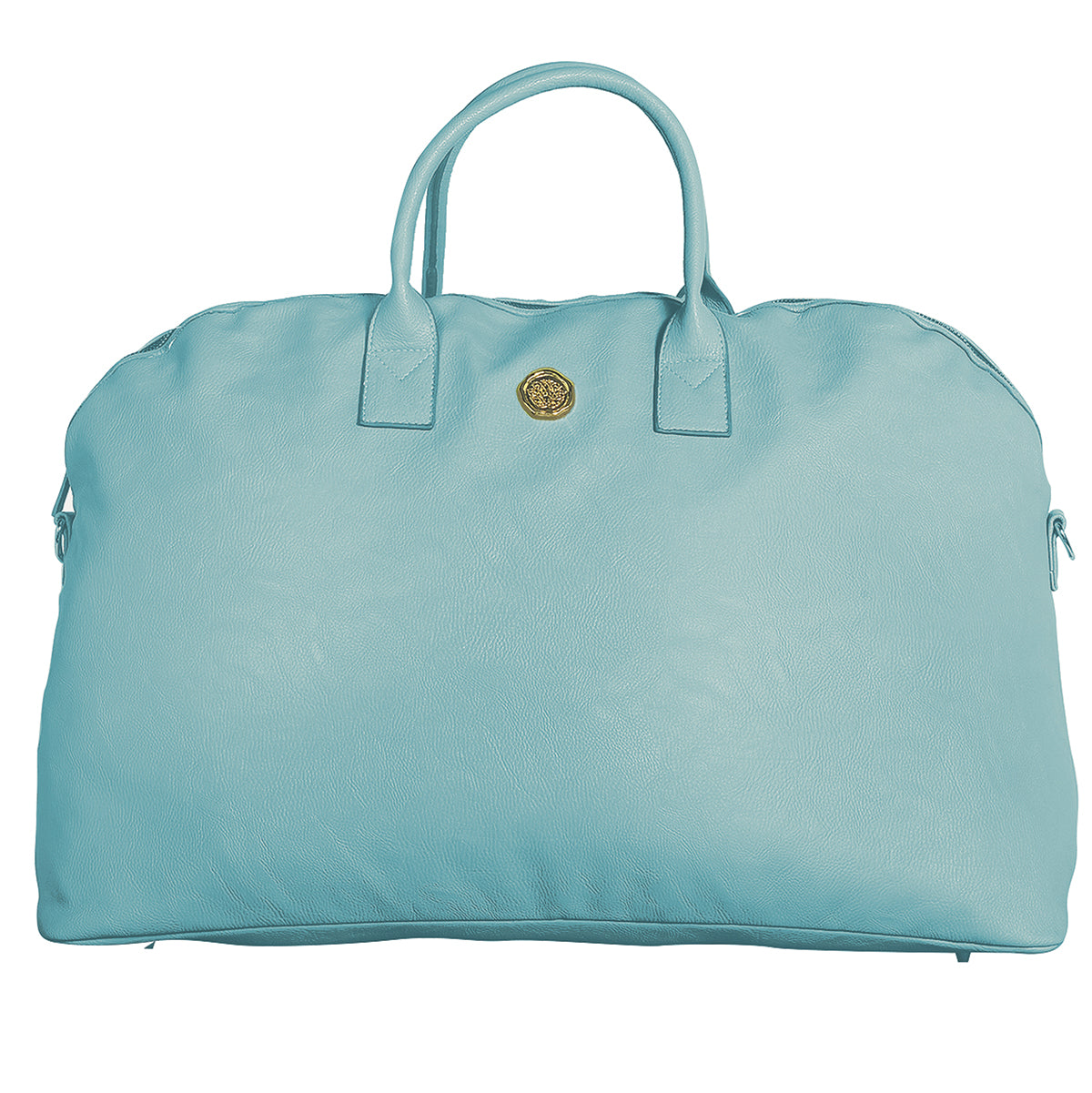 a light blue bag with a gold emblem on it.