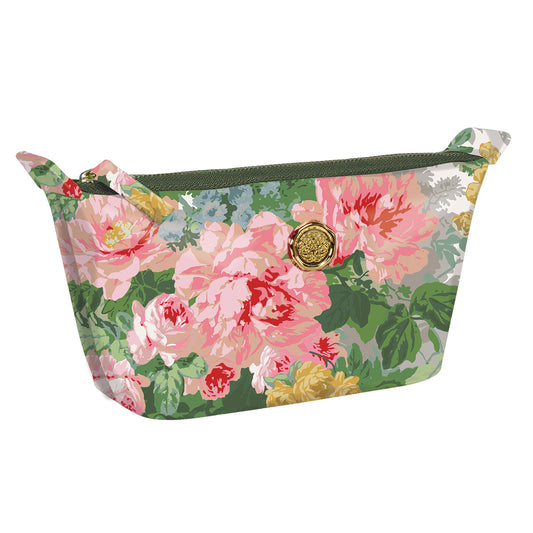 a floral print cosmetic bag with a gold button.