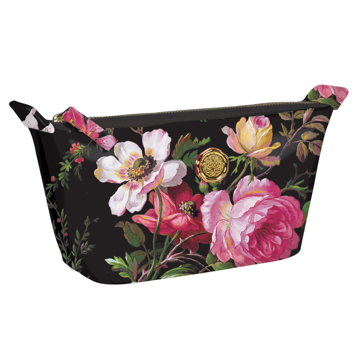 a black floral cosmetic bag with pink and yellow flowers.